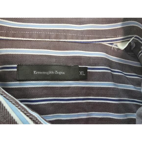 Ermenegildo Zegna Dress Shirt Men's XL Brown Blue Stripe 100% Cotton Business - Picture 10 of 10